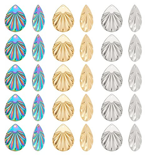 DICOSMETIC 30 Pcs 3 Couleurs Texturé Rides Larme Pendentifs Plat Petit Ovale Charmes Coquille Saint-Jacques Pendentifs en Acier Inoxydable pour la Fabrication de Bijoux, Trou: 1.2mm
