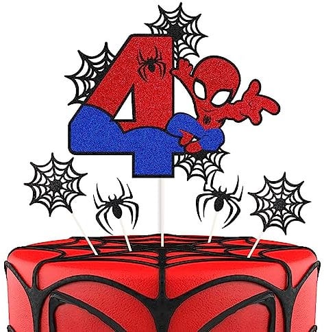 7 Pcs Cake Toppers, Cartoon Heroes Spider Pattern Birthday Cake Toppers, Personalised 4th Birthday Cake Topper, Double Sided Glitter Cupcake Topper Birthday Party Decorations for Boys Children Kids