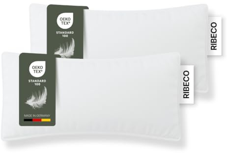 RIBECO GERMANY Federkissen 2er Set Johanna, Kopfkissen 40x80 cm - weiß | optimale Stützkraft für Kopf- und Nackenbereich, hergestellt aus Federn & Daunen + anschmiegsamer Baumwolle, Made in Germany