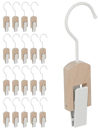 Set da 20 Appendi Stivali, Gruccia in Legno con Clip e Gancio in Ferro, Mollette Gommate, Bianco e Legno
