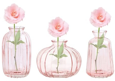 3er-Set Glasvase Kleine Vasen für Tischdeko, Deko Blumenvase Set für Hochzeit Tischdeko(Rosa)