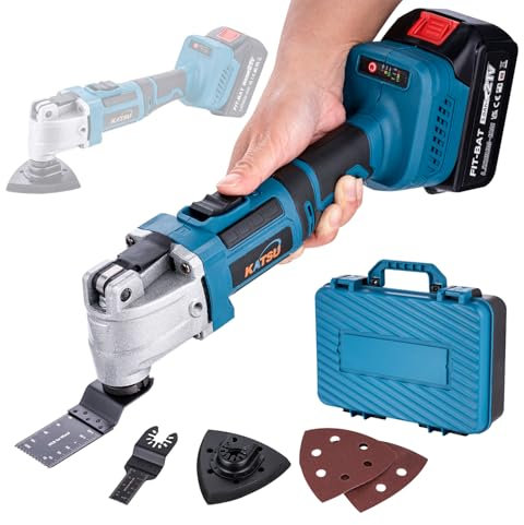 KATSU FIT-BAT 21V Utensile Multifunzione Oscillante a Batteria Brushless Motore con 3,0Ah Batteria e Caricabatterie, 6 Velocità, Sistema di Cambio Rapido, per Raschiatura Taglio Lucidatura