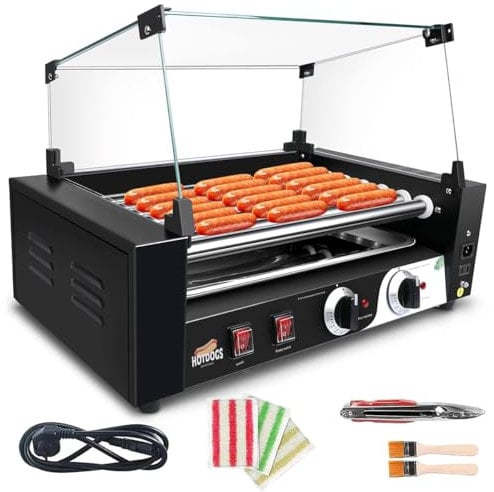 Commercial Hot Dog Roller Machine | Dual Temp Control, 1000W Sausage Grill Cooker | Non-Stick Roller Sausage Roasting Hot Dog Warmer | Removable Drip Tray & Cover | 0-250℃