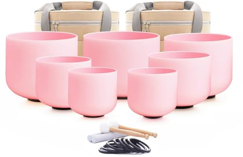 Hye-eun Pink Crystal Singing Bowls Set, 432hz Quartz Frosted Sound Bowl set of 7pcs with Carrying Case for Yoga Sound Healing Instruments