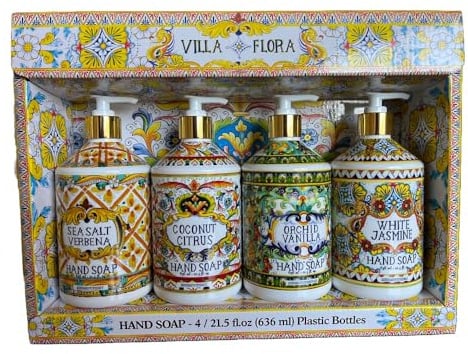 Home and Body Company Hand Soap Villa Flora Collection 21 FL/636ml Bottles infused with Essential Oils (SET OF 4) Sea Salt Verbena, Coconut Citrus, Orchid Vanilla, and White Jasmine