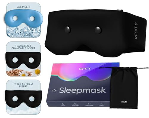 Resty 4D kühlende Schlafmaske mit drei Einsätzen - Augenmaske zum Schlafen & Beruhigung für Herren, Frauen & Kinder - Weiche 3D Schlafbrille & Wärmemaske für Aromatherapie - Für Bett, Auto & Flugzeug