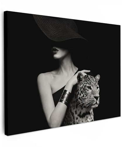 MuchoWow© Bild auf Leinwand 80x60 cm Schlafzimmer Bilder Badezimmer Wand Deko Wohnzimmer Modern Wanddeko Bilderwand Geschenk Frau - Vintage - Porträt - Leopard - Schwarz und weiß