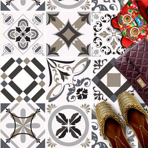 HUBDECO - Fliesenaufkleber - Küche, Badezimmer Deko - Klebefliesen - Bodenfliesen - Klebefolie Küche - Boden Schutzmatte - Selbstklebende Fliesen - 9 Stk. - Portugiesisch Grau - 30x30cm