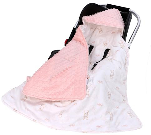 LAT Baby Einschlagdecke Babyschale - Decke Kinderwagen 90x90cm 100% Baumwolle Universal Babydecke Doppelseitig für Buggy Autositz (Winter, Kaninchen)