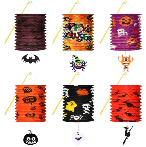 Fiada 6 Sets Halloween Papierlaternen mit Laternenstab Papier Kinderlaternen Geist Laterne Outdoor Faltbar Lampenschirm Papier Kürbis Spinne Fledermaus Gespenst Lampions für Halloween Dekoration