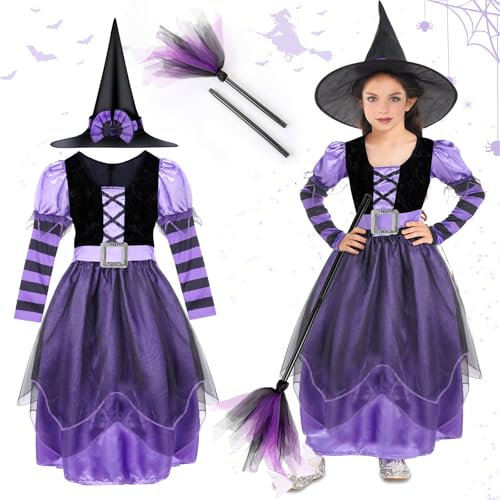 TEWWCEO Disfraz de Bruja para Niña Con Sombrero, Escoba y Cinturón - Halloween, Carnaval, Cumpleaños, Navidad - 5-6 Años, Talla M