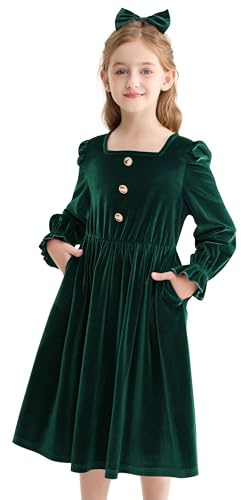 Rolanko Mädchen Samtkleid mit Taschen Puff Langarm A-Linie Winter Maxischwungkleid mit Schleifen-Haargummi für Weihnachten Geburtstagsfeier