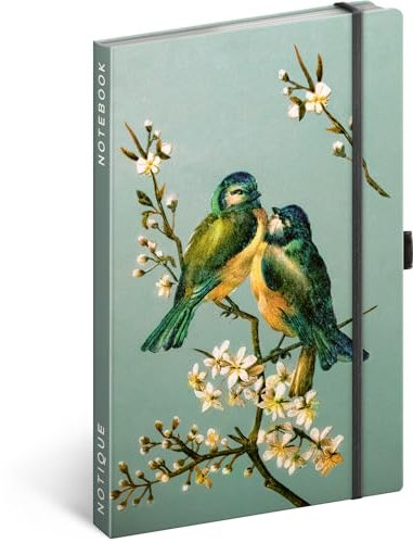 NOTIQUE Notizbuch Gepunktet mit Gummiband 13x21cm ca. A5, Designer Hardcover Notebook Dotted, Notizblock, Notizheft, Journal, Tagebuch für Erwachsene, Damen (Artisanale Vögel)