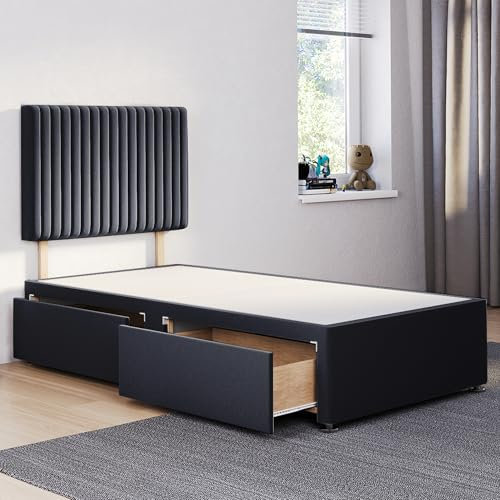 ComfoRest - Sophisticated 3FT Single Divan Bed with 2 Drawers & 24 Malia Headboard | Versatile Frame with Storage and a Sturdy Base for Modern Homes (Black Plush)