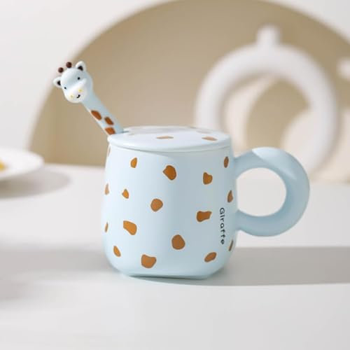 VollfitYYu Tasse à café amusante Girafe Tasse à café avec couvercle et cuillère en porcelaine Tasse à lait Tasse à thé Cadeau mignon pour femmes filles amis enfants (Bleu)