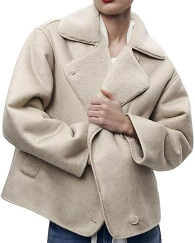 loveimgs Dicker Sherpa-Futter, Wildlederimitat, übergroß, Ledermantel, Lammfell-Fleece, Motorradjacke, Biker-Wintermantel, Beige, X-Small