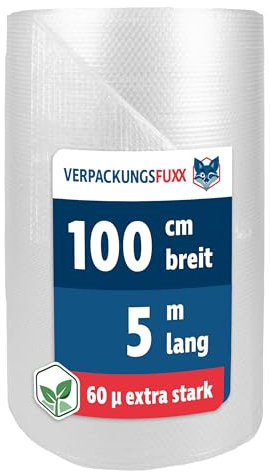 Luftpolsterfolie Rolle 100cm x 5m | Bubble Wrap für Versand, Verpackung und Umzug | 2-schichtige Noppenfolie als Verpackungsmaterial | Füllmaterial für Ihre Pakete