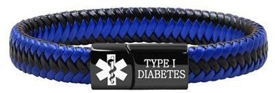Zircobic Leichtes Wasserdichtes PU Schwarz/Blau Geflochtenes ID-Armband, Stilvolles Graviertes Typ-1-Diabetes Notfallarmband für den täglichen Gebrauch