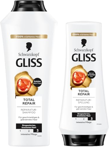 Gliss Shampoo (400 ml) & Spülung (200 ml) Total Repair mit flüssigem Keratin & Blüten-Nektar, Pflegeshampoo für trockenes und geschädigtes Haar, Pflegespülung für bis zu 90% weniger Haarbruch