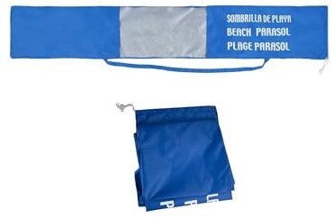 Funda sombrilla playa 142x25cm Pincho con asa y cierre ajustable, ventana transparente, impermeable y resistente, para sombrillas hasta 240cm, bolsa transporte jardin (Azul, 142cm)