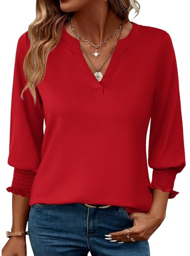 Rapbin Blusa para mujer de manga 3/4 con cuello de pico, túnica, holgada, elegante, informal