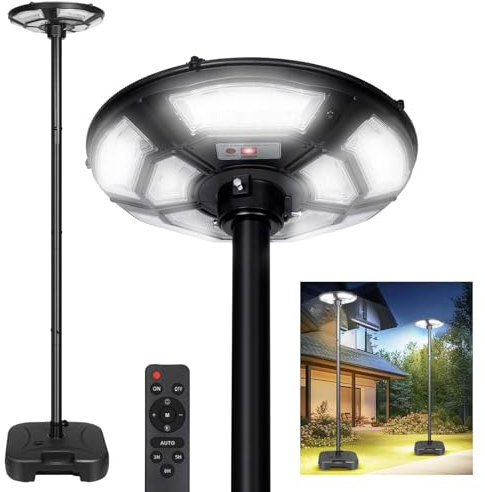 Solar Straßenlaterne für Außen, LED Solar Strahler, 6500K, IP67 Wasserdichte, Solarstrahler mit Bewegungsmelder für Hof, Garage, Parkplatz, mit Wasserbefüllbarer Sockel