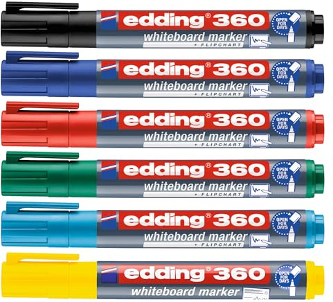edding 360 Whiteboardmarker - bunte Farben - 4 Whiteboard Stifte - Rundspitze 1,5-3 mm - Boardmarker abwischbar (sortiert, 6er Set)