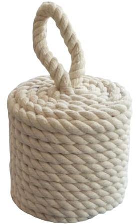 White Rope Door Stop, 16 x 16 x 25 cm, Cylinder Shape, Nautical Decorative Door Stop, Sturdy for Indoor and Outdoor Use, Elegant Fabric with Handle
