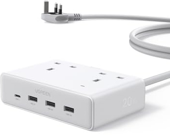 UGREEN Extension Lead 1.5M, 2 Way Power Strip with 4 USB Ports | 2990W Max, 3 USB-A & 1 USB-C 20W PD, Compact Multi Plug for Home, Office, Bedroom & Desk (White)