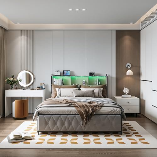 Gepolstertes Doppelbett, 180 x 200 cm, Bett 180 x 200 cm, mit Boxspringbett, gepolstert, mit LED-Nachttisch und USB, Bettkasten mit 4 Schubladen, einfach zu montieren, Samt, ohne Matratze (Beige-B