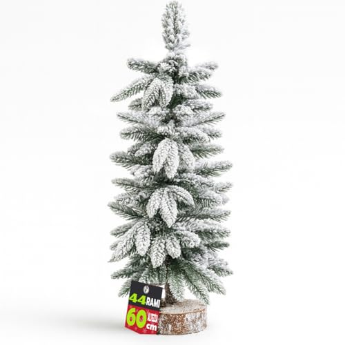 BAKAJI Albero di Natale Innevato 44 Rami Apertura Ombrello, Base Legno Tronco, Alberi Bianchi Realistico Decorazione Natalizia, Alberello Addobbo Natalizio Interni, Vetrine, Negozi, Ingresso (60 cm)
