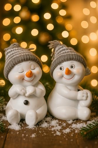 khevga Snowman Figures Set of 2 - Standing & Sitting - Christmas Decoration in Grey & Red - Classic or Playful - Ideal for Windowsill, Table & Winter Decoration (Grey, Sitting Dreamy)