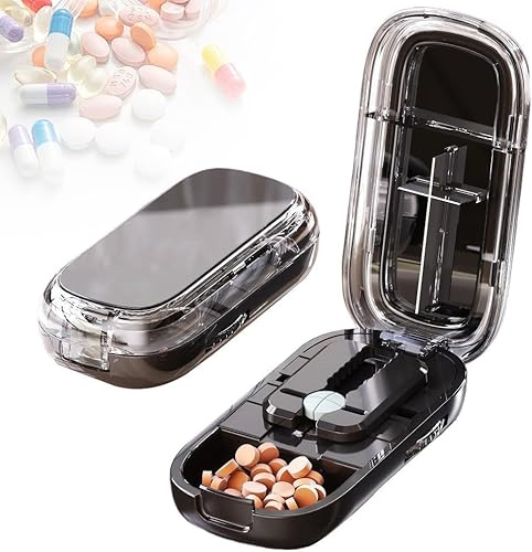 Tablettenteiler für Mehrere Pillen Auf Einmal, 2026 Teiler mit Aufbewahrung,Tablettenschneider, Präziser 2-in-1 Pillen-Schneider für Große, Kleine & Mini-Tabletten (Black-1/2)