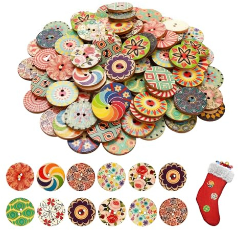 100 Stück Bunte Holzknöpf, Retro Knöpfe Holzknöpfe zum Basteln Verschiedene Runde Vintage Strickknöpfe Bunt Runde Knöpfe Vintage Holz Nähen Blume Knöpfen für DIY Handwerk Nähen Scrapbooking