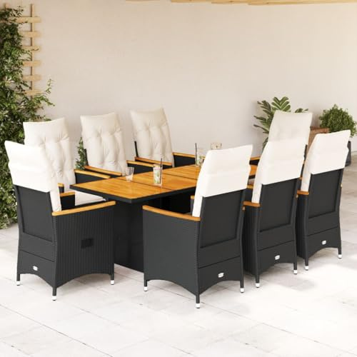 Runheo 9-TLG. Garten-Essgruppe Schwarz, Poly Rattan, Akazienholz, UV-beständig, Verstellbare Relaxsessel, Outdoor Möbel Set für Terrasse, Balkon