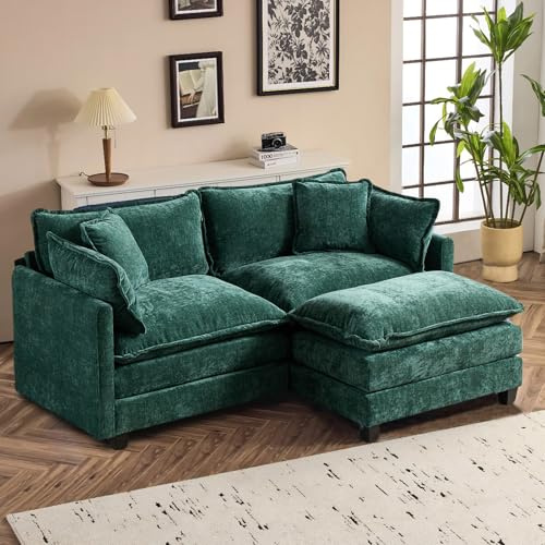SoarFlash Modulares Sofa mit Doppelpolsterung, Grün, 2 Sitze + 1 Fußhocker | Chenille Stoff mit Kissen & Armlehnen. Niedrige Sitzfläche, flache Füßen. Ideal für Wohnzimmer, Schlafzimmer & Wohnungen.