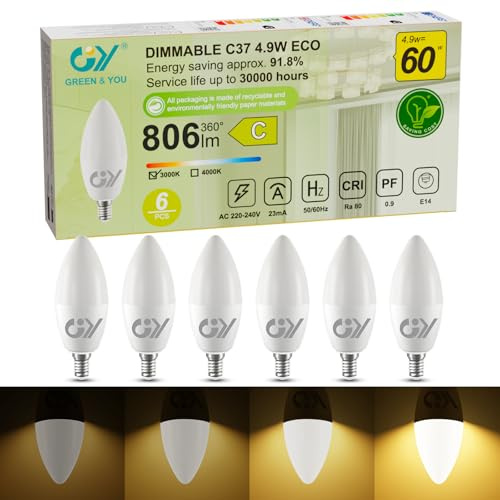 GY E14 LED Dimmbar 4.9W (ersetzt 60W), 807 Lumen Hochhelligkeit, 3000K Warmweiß, C37 Kerzenlampe, Energieklasse C, Flimmerfrei Regulierbar, CE-Zertifizierung, 6er Pack