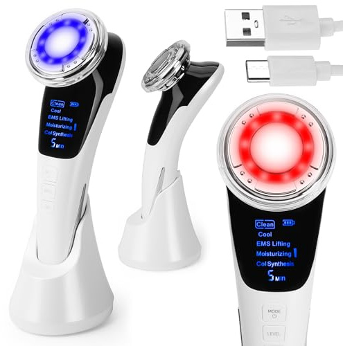 COIL Gesichtsmassagegerät, Kosmetikgerät, EMS Lifting, Faltenreduzierung, LED-Lichttherapie, Erwärmung und Kühlung, Ionisation (Weiß)