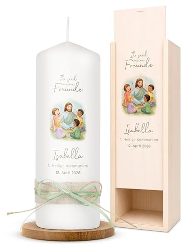 AMARI ® Kommunionkerze personalisiert Jesus H:20cm/⌀:7cm - Personalisierte Kommunionkerze für Jungen & Mädchen – Kerze zur Kommunion selbst gestalten