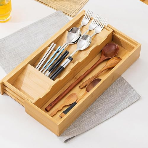 TEGOVE Organizador de Cubiertos de Bambú,Organizador Cubiertos para Cajon,Bandeja Cubiertos Expandible 14 a 24 cm,Cuberteros para Cajon Cocina de Bambú para Utensilios y Artilugios