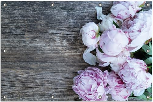 Wallario Outdoor-Poster für Garten oder Balkon Pinke Blumen auf Holz, Motivbanner Größe: ca. 80 x 120 cm, Outdoor-Bild