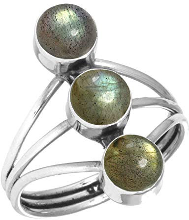 Jeweloporium Grauer Labradorit Silberring Größe 65 (20,7), 925 Sterling Silber Ring für Frauen, Echter runder Edelstein Boho Schmuck