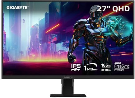 GIGABYTE GS27Q 27 165Hz 1440P Gaming Monitor, 2560 x 1440 SS IPS Display, 1ms (MPRT) Response Time, HDR Ready, FreeSync Premium, 1x Display Port 1.4, 2X HDMI 2.0