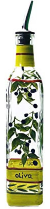 Containly Hand Painted Glass Oliva Branch Oil/Vinegar Glass Cruet for Kitchen, 8 oz Olive Oil Dispenser With Stainless Steel Spout for Easy Pouring