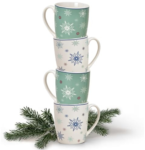 Matches21 Lot de 4 tasses à café en porcelaine Motif flocons de neige et étoiles Bleu blanc/turquoise 10 cm 300 ml