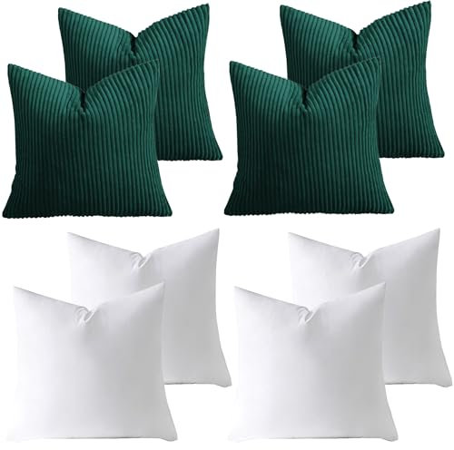 AMEHA Stripe Emerald Cushions with Covers included 45 x 45 cm Pack of 4 (4 Covers, 4 Inserts) Decorative Square Throw Pillowcases for Couch Bedroom Sofa with Invisible Zipper 18x18 inches
