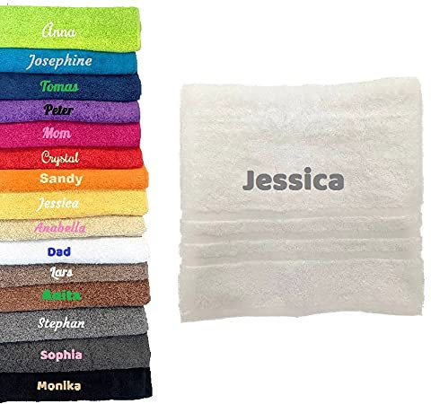 Personalisierbares Handtuch mit Namen und Wunschnamen, 100 % Baumwolle, Weiß