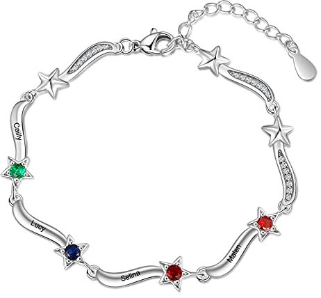 RolaOnly Damen Armband mit 4 Namen Gravur Geburtsstein 925 Sterling Silber Sterne Kristall Personalisiert Schmuck für Kinder Mädchen Frauen Mutter und Tochter mit Geschenkbox