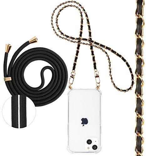Pnakqil Handykette Kompatibel mit Apple iPhone 13 / iPhone 14 6,1 Hülle mit Band, 2 Stück Necklace Handy Kette Kordel zum Umhängen Schutzhülle, Trasparente TPU Bumper Stoßfest Weich Case, Lanyard 1