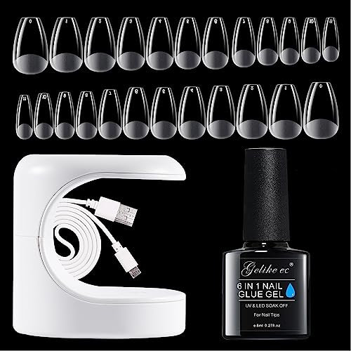 Gelike EC Gel Nail Kit - Nails Tips and 6 In 1 Glue 240PCS Short Coffin Gel Tips, UV Lamp Full Cover For Art